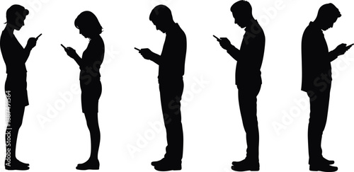 People using smartphone silhouette illustration set with men and women texting, mobile addiction concept, technology lifestyle, black vector design