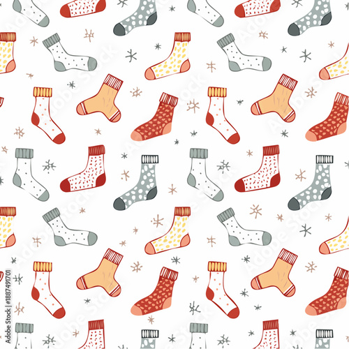 Seamless pattern with doodle socks. Wool, cotton warm accessories with modern patterns.