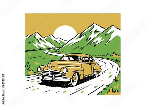 Vintage car on mountain road illustration. Classic automobile vector artwork for t shirt print, poster, sticker. Retro summer road trip adventure desi