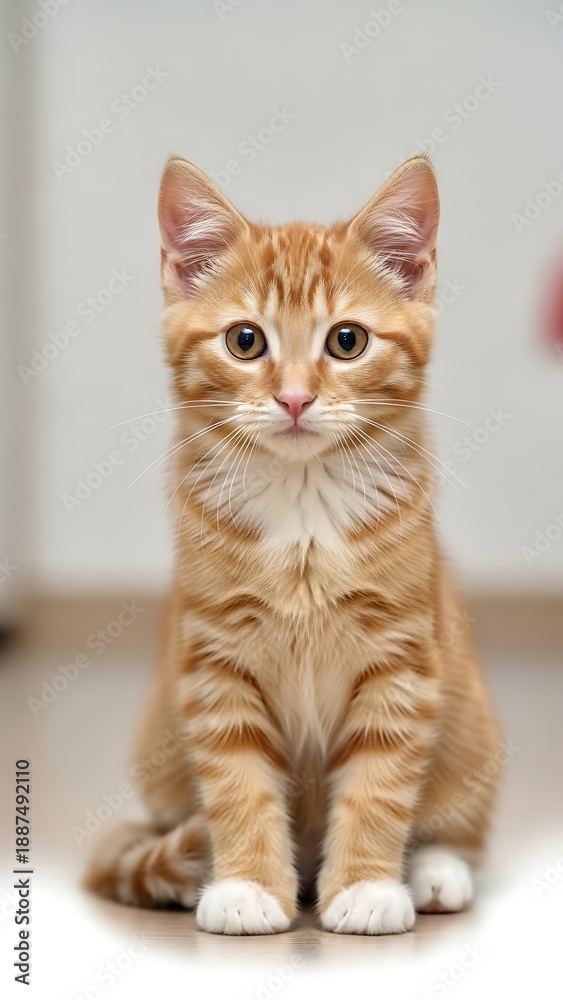 Fototapeta premium Orange Tabby Kitten Sitting on Floor Indoors