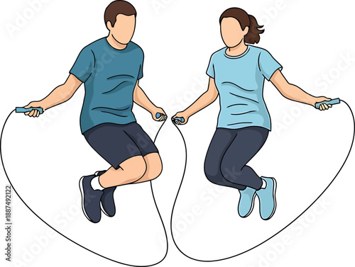 Man and Woman Jump Rope Exercise Flat Vector Illustration