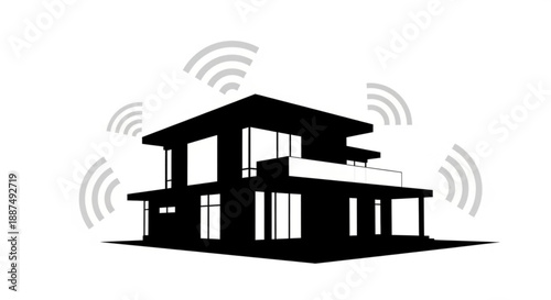 Modern house silhouette with wireless connectivity signals surrounding it, viewed from the front
