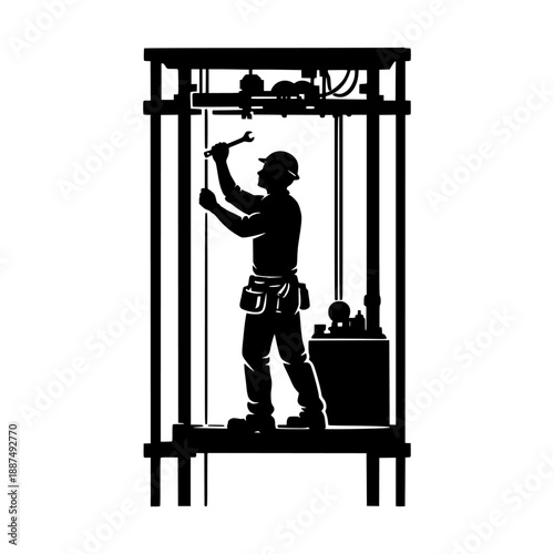 Elevator technician working inside elevator shaft silhouette
