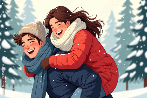 Playful Winter Vector Illustration of Couple in Snow