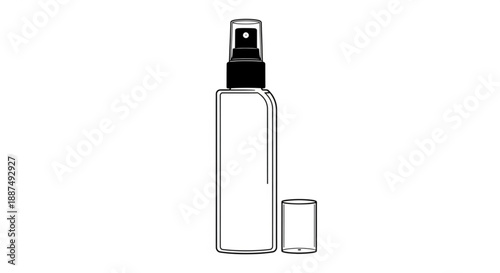 A clear spray bottle with black cap and small container beside it on a white surface viewed from the front