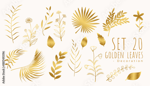 abstract set of isolated golden tropical leaves background