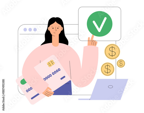 Online payment concept. Woman pay on website for purchases with bank plastic card. Online shopping and electronic commerce. Electronic money transfer. Flat vector illustration