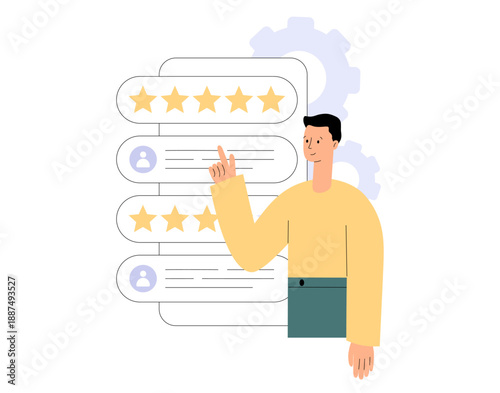 Customer review or feedback concept. People giving five star and comment. 5 stars rating. Flat vector illustration