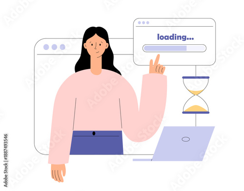 Loading bar. System update concept. Updating software. Finish work. People waiting loading file process. Flat vector illustration