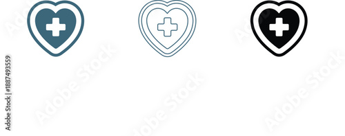 Set of heart and cross icons representing healthcare and medical services ideal for digital health applications and wellness branding