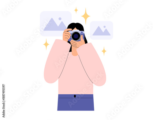 Photography concept. Photography workshop, processing workshop, photo portfolio creation. Female photographer take pictures on camera. World photography day. Flat vector illustration