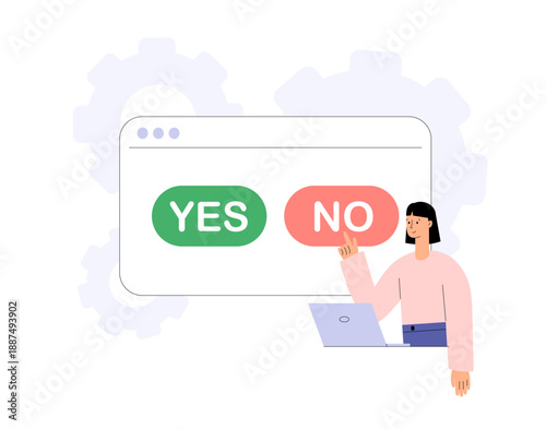 Yes or No buttons. Decision making, choice, selection, answer, reply, accept of refuse. Agree and reject. Flat vector illustration