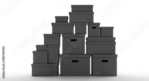 A stack of various sized grey storage boxes neatly arranged against a white background, perfect for organizing and decluttering
