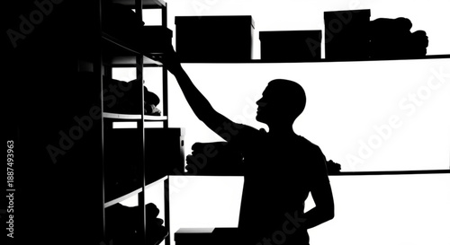 Silhouette of a person reaching for a box on a shelf, capturing a moment of selection and organization in a storage space
