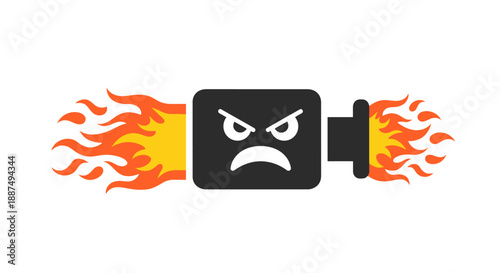 Angry Battery Icon with Flames Illustration.