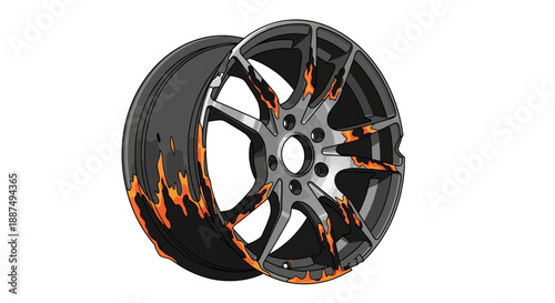 Black Alloy Car Wheel with Flame Design.