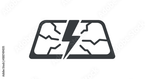 Cracked windshield with lightning bolt emblem.