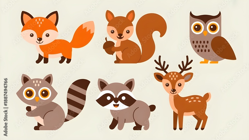Fototapeta premium Cute forest animals vector set, flat cartoon style.