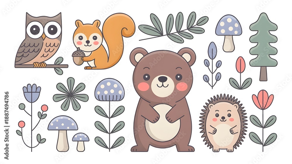 Obraz premium Cute forest animals and plants set, flat cartoon vector illustration.
