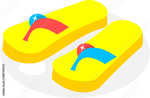 Pair of colorful summer flip flops isometric vector illustration icon, beach sandals for vacation isolated on white
