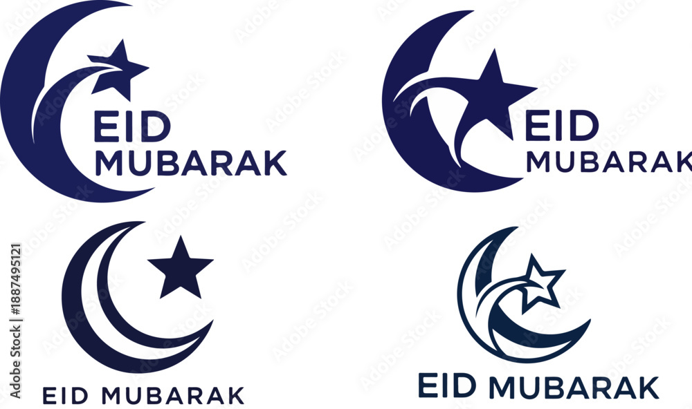 Fototapeta premium Collection of four distinct dark blue and white graphic logo designs incorporating crescent moons and stars for the Islamic celebration of Eid Mubarak.