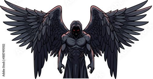 Dark winged menacing figure with glowing red eyes wearing a hooded cloak stands ominously against a black background symbolizing dread and supernatural power.