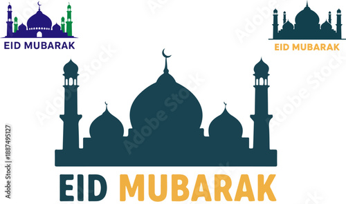 Collection of beautiful stylized mosque silhouettes prominently featuring the celebratory greeting eid mubarak for religious holiday design concepts
