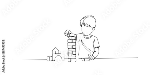 Continuous one line of a child building with wooden blocks, representing creative problem-solving in homeschooling, drawn vector illustration.
