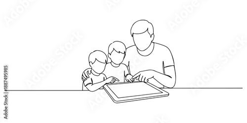 Continuous one line of a parent guiding a child through reading on a tablet, artwork representing digital homeschooling, drawn vector illustration.