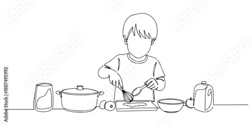 Continuous one line of a child learning cooking as part of lessons, symbolizing practical skills in homeschooling, drawn vector illustration.