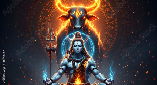 Maha shivratri shiva meditation with nandi fire energy power devotion hindu spirituality mythology divine culture sacred art