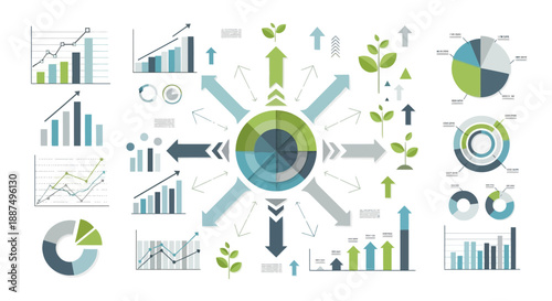 Diverse infographic set showing business growth, data analytics, and sustainable development.