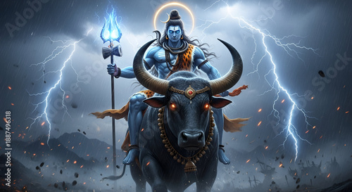 Maha shivratri shiva riding nandi storm lightning power devotion hindu god mythology divine energy sacred culture spiritual festival art