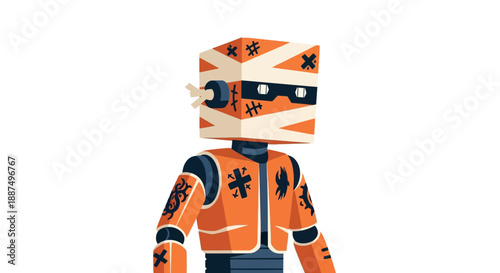 Futuristic Robot with Orange Camouflage Design.