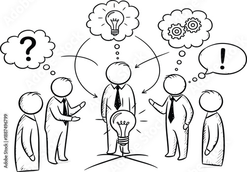 Collaborative business team brainstorming ideas, group of stick figure businessmen solving problems together, finding innovation, creative solutions, and effective teamwork.