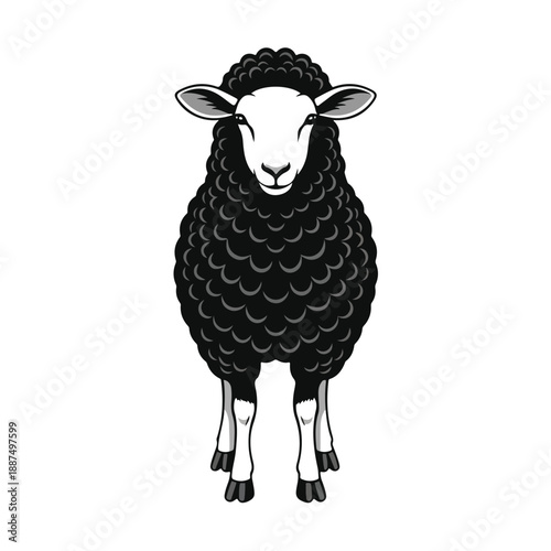 Black Sheep Standing Front View Illustration.