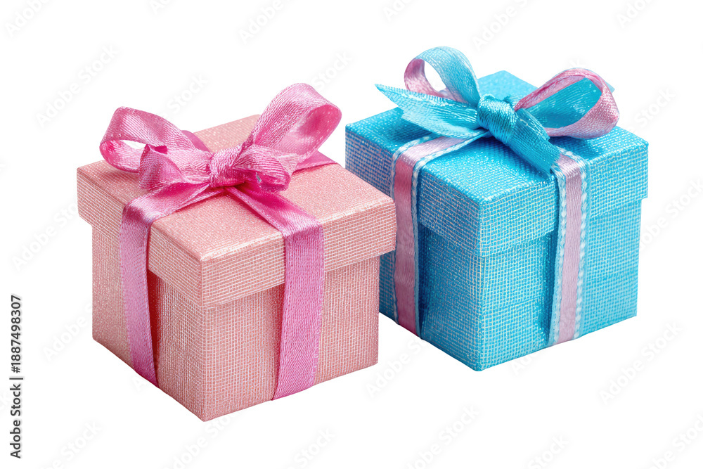 Obraz premium Two Gift Boxes with Ribbons in Pink and Blue, Festive Present Celebration Isolated on Transparent Background