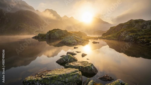 Serene mountain lake at sunrise with golden light illuminating misty peaks and reflecting on calm water surrounded by moss covered rocks