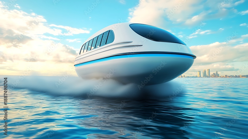 Fototapeta premium Futuristic hovercraft across water
