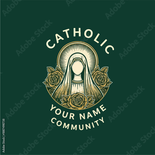 Catholic Virgin Mary Emblem with Roses and Halo.