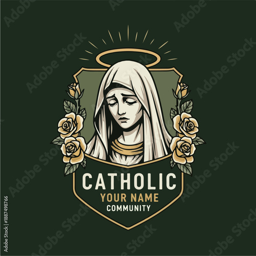 Catholic Virgin Mary Emblem with Roses and Halo 1.