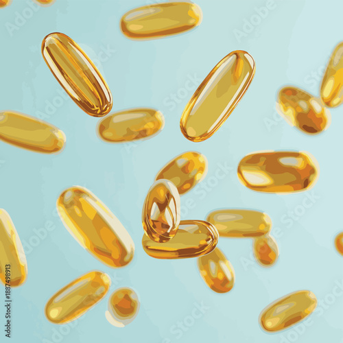 Levitating multivitamin capsules and yellow fish oil softgels falling