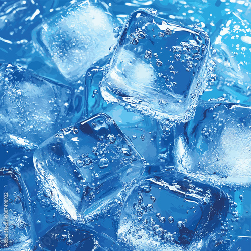 Ice cubes blue texture. Iced clear water close up refresh summer add. Coctail lemonade macro frost photo , vector style simple color