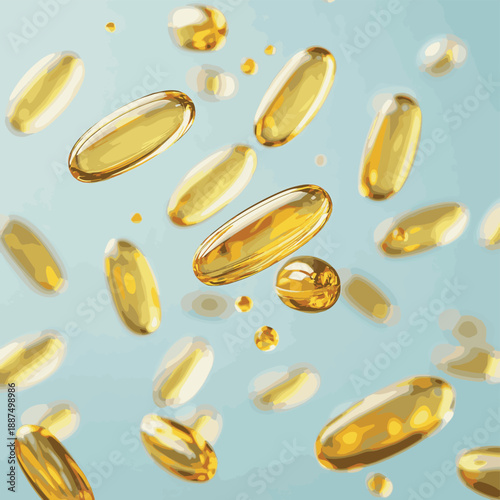 Levitating multivitamin capsules and yellow fish oil softgels falling