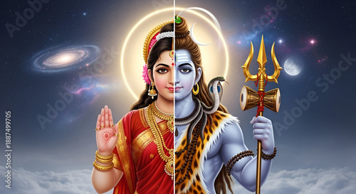 Maha shivratri Ardhanarishvara divine form representing sacred union of Shiva and Parvati with cosmic balance spiritual energy Hindu culture devotion and faith