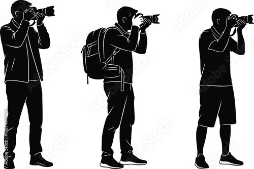 Silhouette illustration of photographers in varied poses and attire using cameras with large lenses for outdoor, travel, or lifestyle photography-themed visual content
