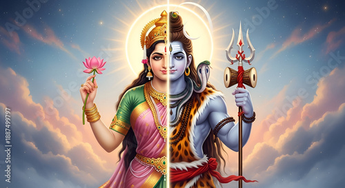Maha shivratri Ardhanarishvara divine union of Shiva and Parvati showing cosmic balance sacred energy Hindu culture devotion mythology and spiritual faith