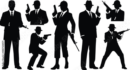 Silhouette illustrations of suited figures with firearms in dynamic poses evoking mystery, noir style, and action themes for crime, thriller, or retro design content
