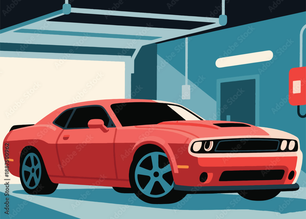 Naklejka premium Sports Car in the Garage Illustrator Artwork Creative Design Template 