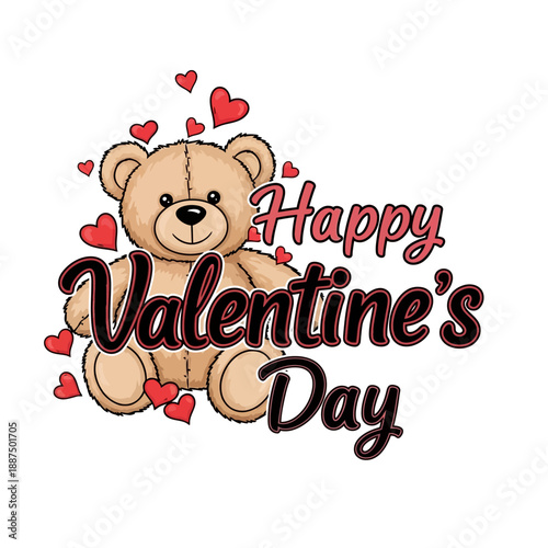 Charming teddy bear illustration adorned with floating red hearts, spreading joy and affection, perfect for celebrating romantic love and heartfelt connections on a special day